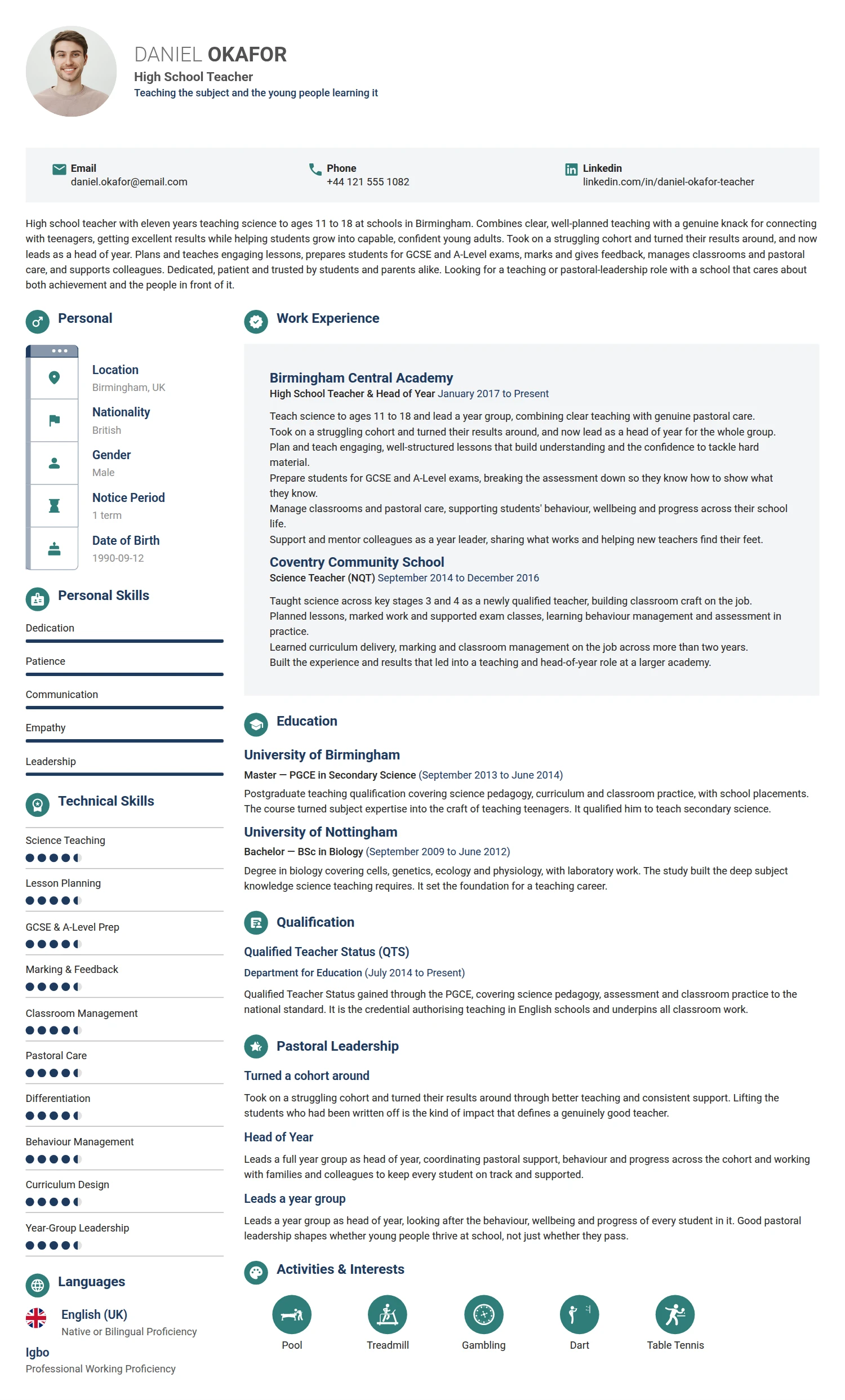 High School Teacher resume example — a professionally formatted Education CV sample