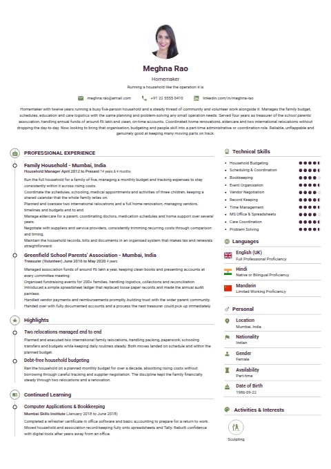 Homemaker resume example