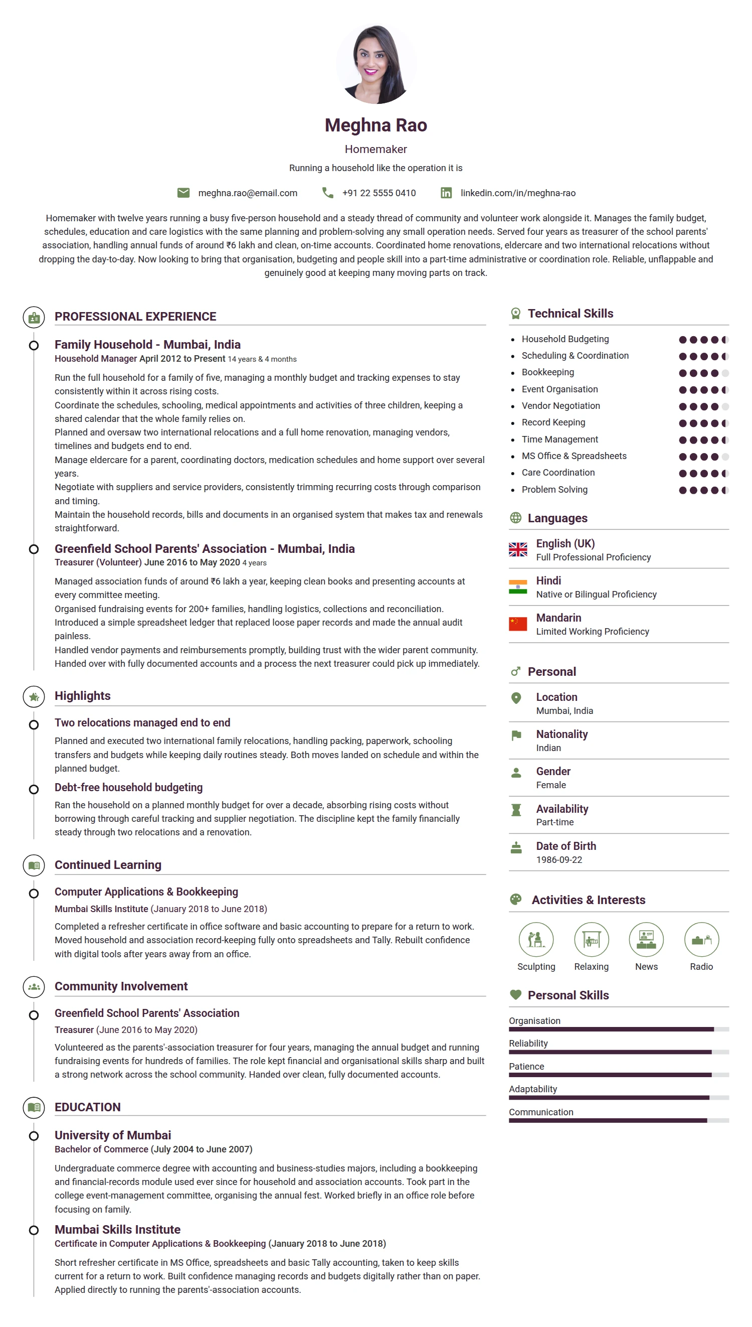 Homemaker resume example — a professionally formatted Building/Construction CV sample