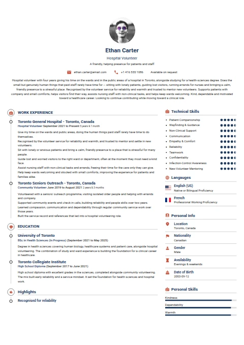 Hospital Volunteer resume example