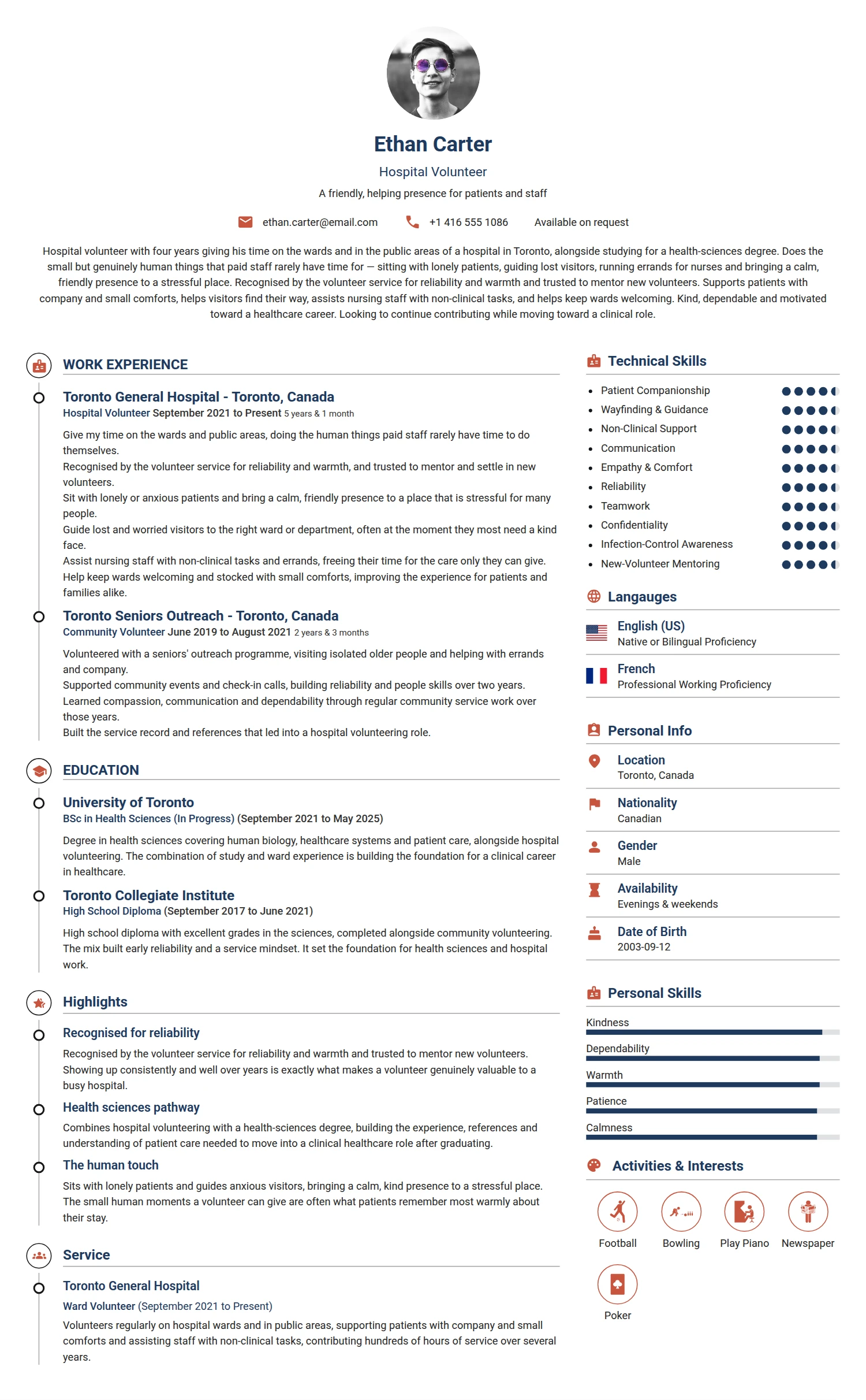 Hospital Volunteer resume example — a professionally formatted Charity/Non-Profit CV sample