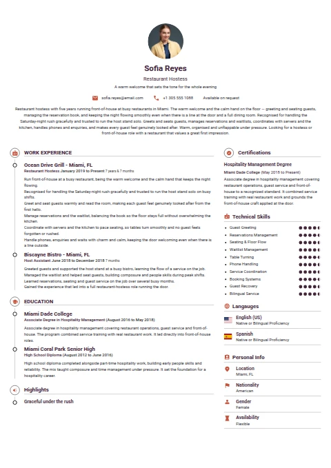 Hostess resume example