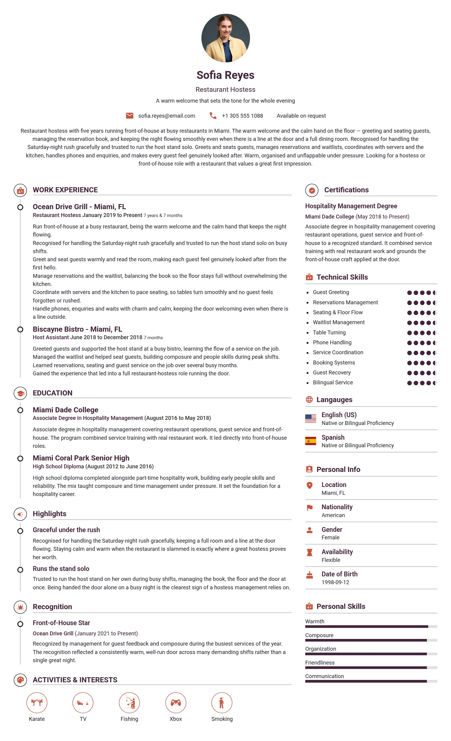 Hostess resume example — a professionally formatted Hospitality CV sample