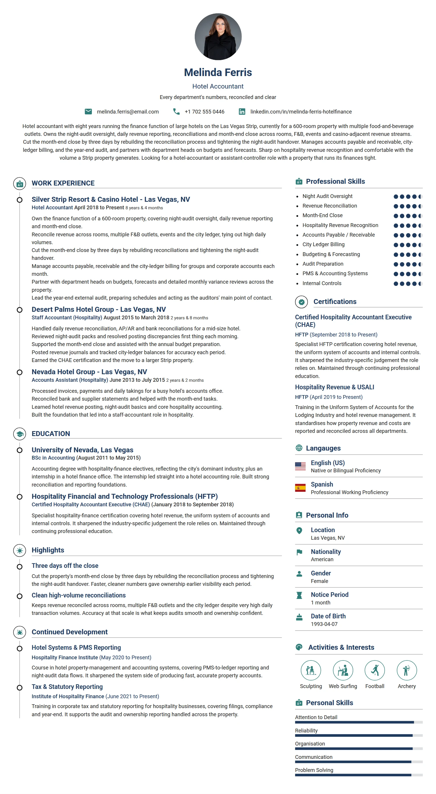 Hotel Accountant resume example — a professionally formatted Accounting/Auditing CV sample