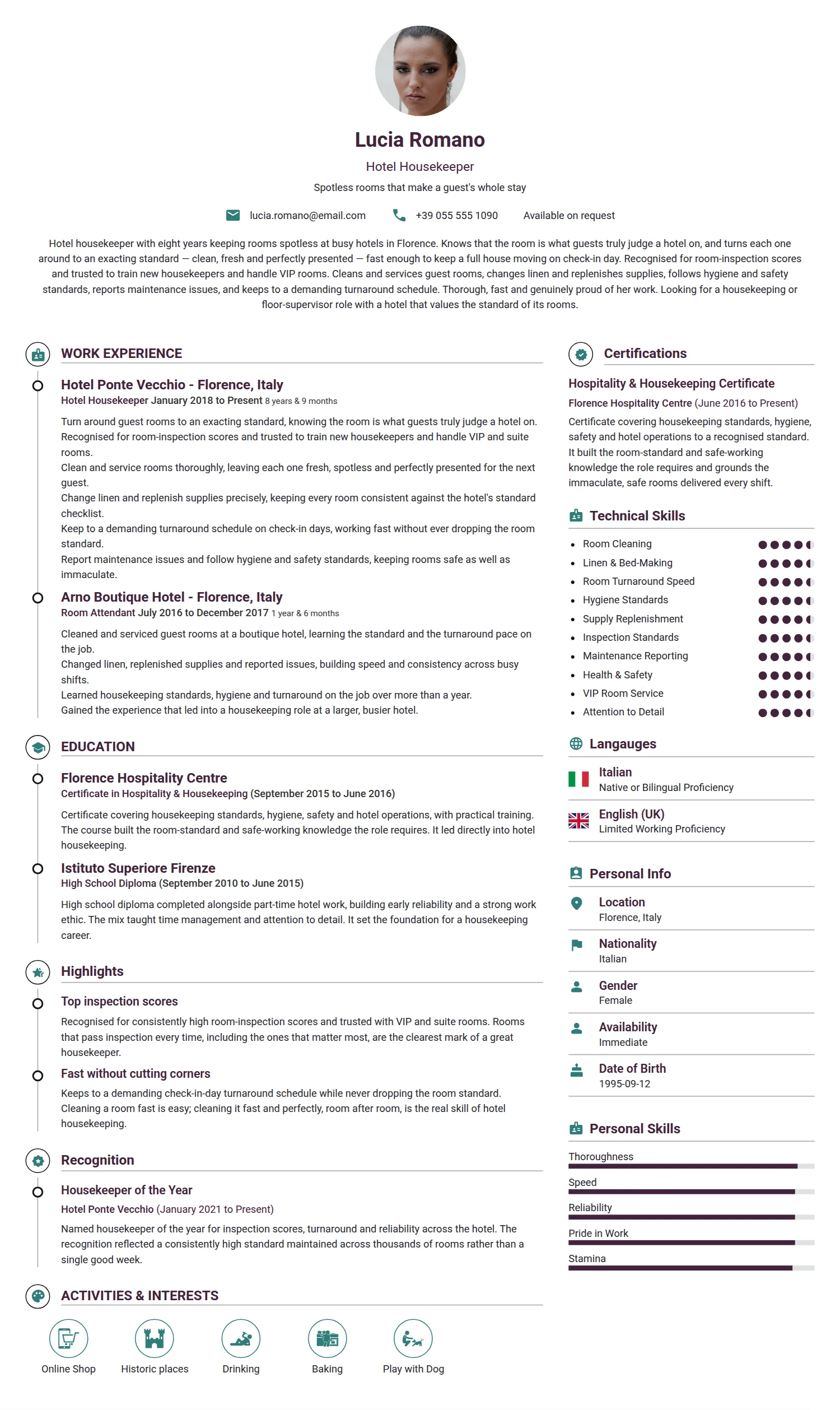 Hotel Housekeeper resume example — a professionally formatted Hospitality CV sample