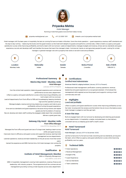 Hotel Manager resume example