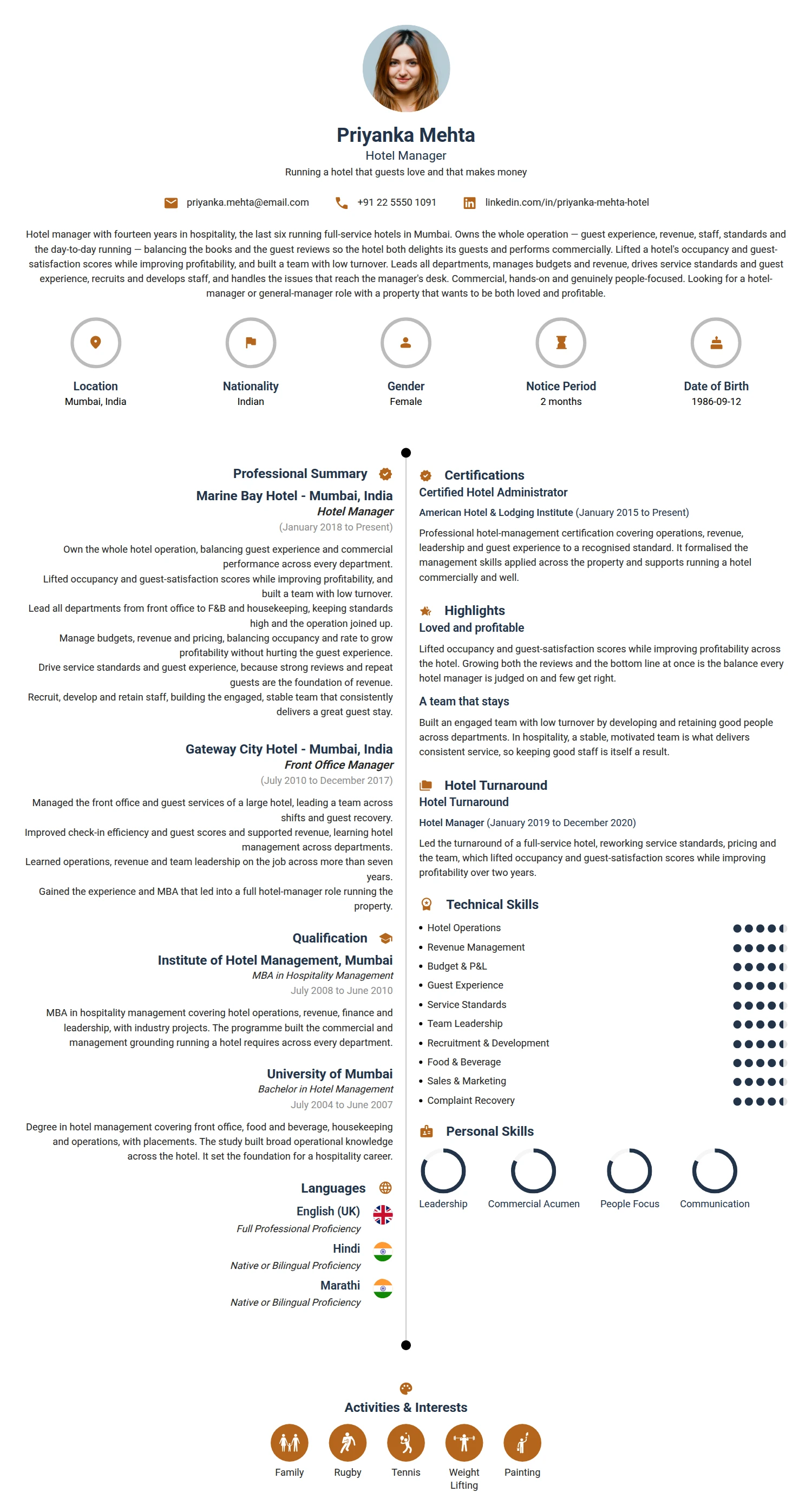 Hotel Manager resume example — a professionally formatted Hospitality CV sample
