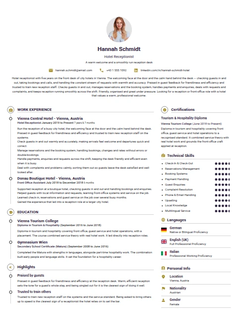 Hotel Receptionist resume example