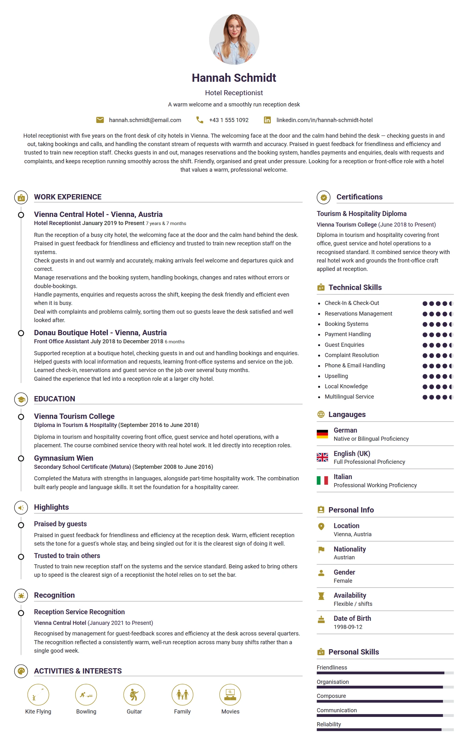 Hotel Receptionist resume example — a professionally formatted Hospitality CV sample