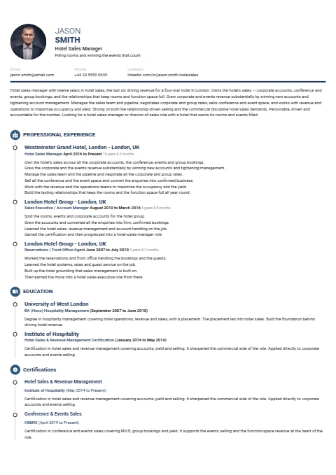 Hotel sales Manager resume example