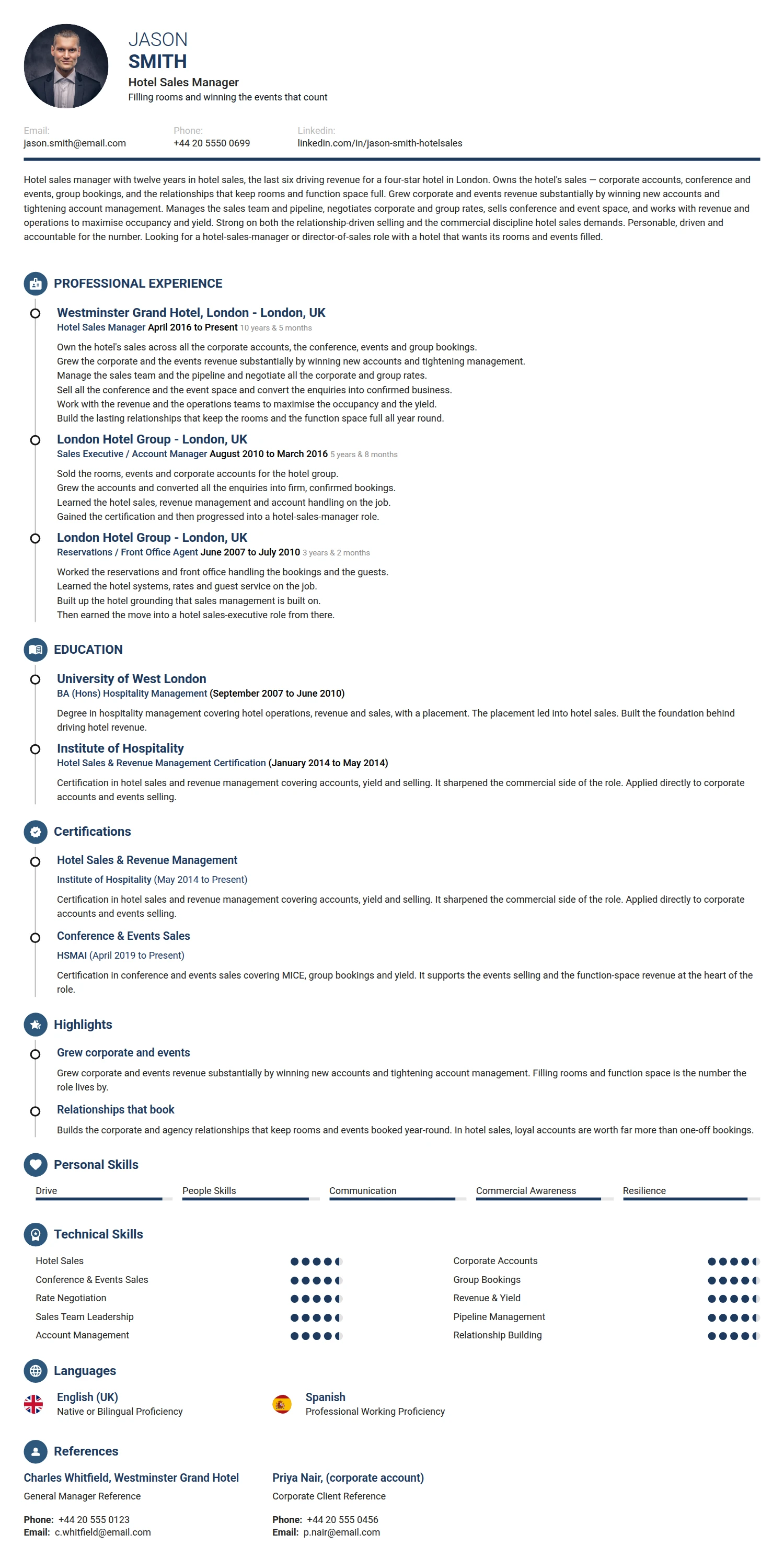 Hotel sales Manager resume example — a professionally formatted Sales CV sample