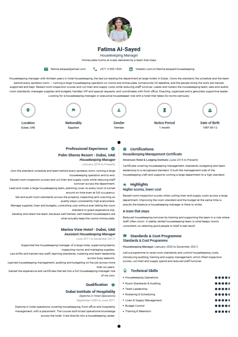 House Keeping Manager resume example