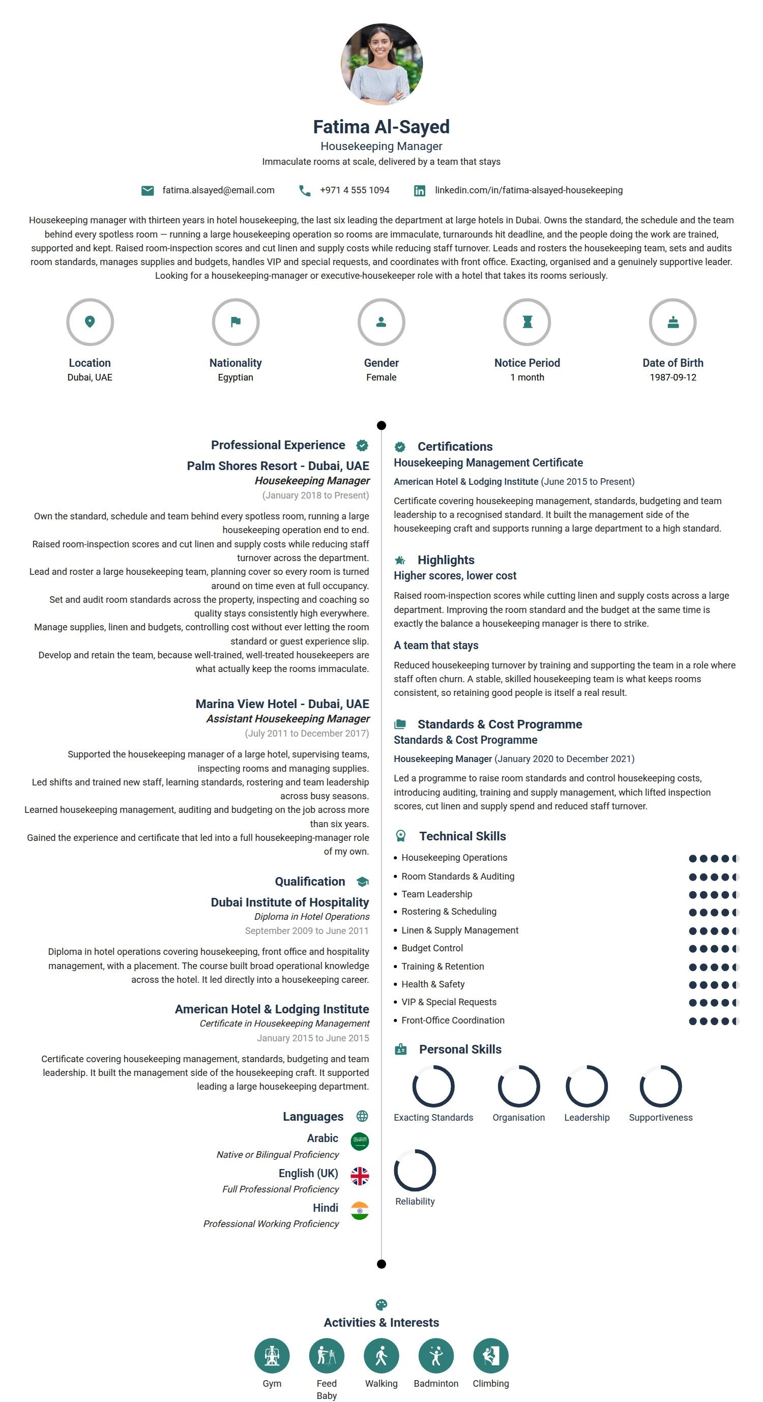 House Keeping Manager resume example — a professionally formatted Hospitality CV sample