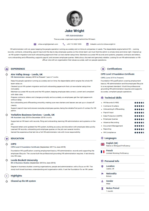 HR Administrator resume example