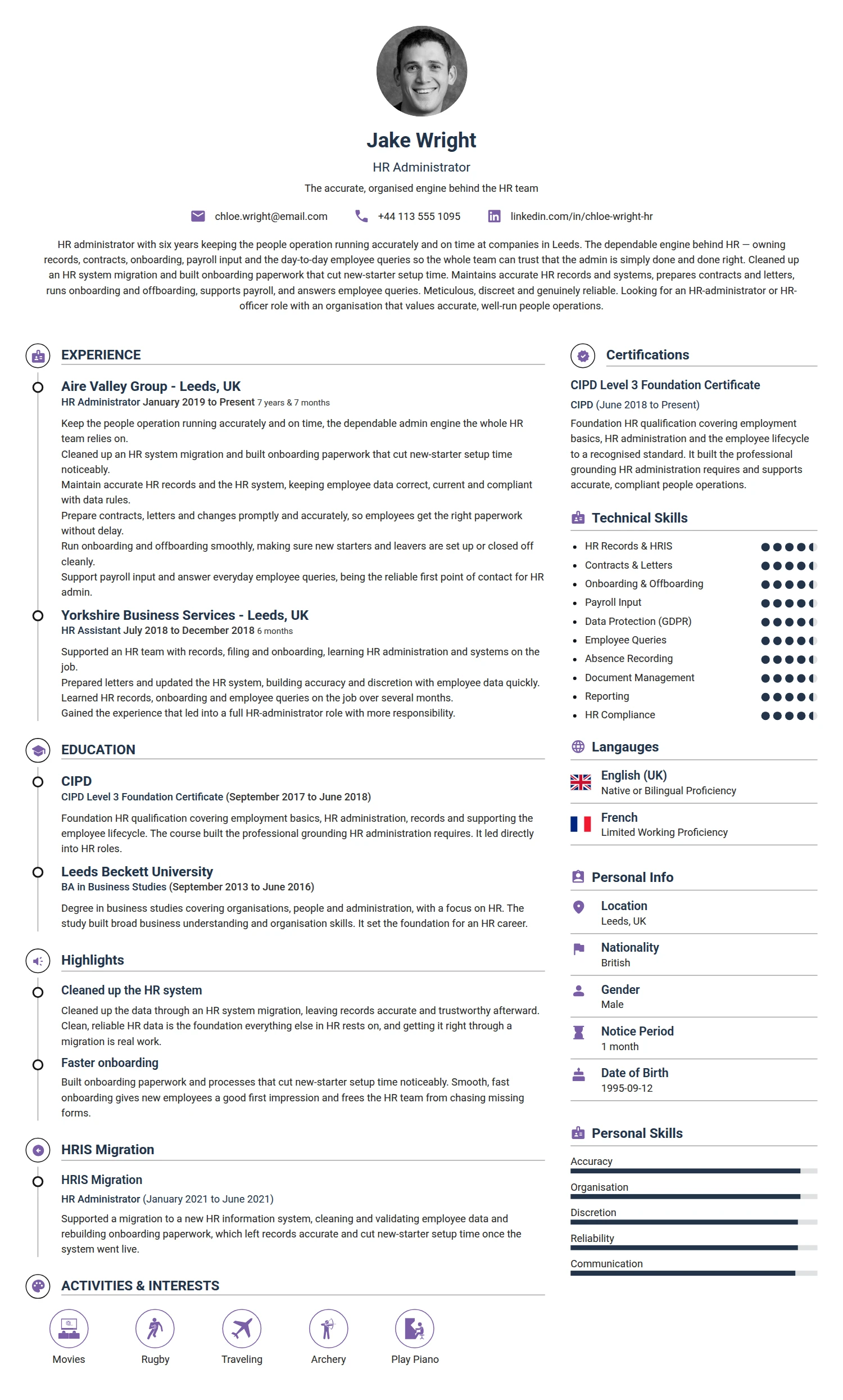 HR Administrator resume example — a professionally formatted Human Resources CV sample