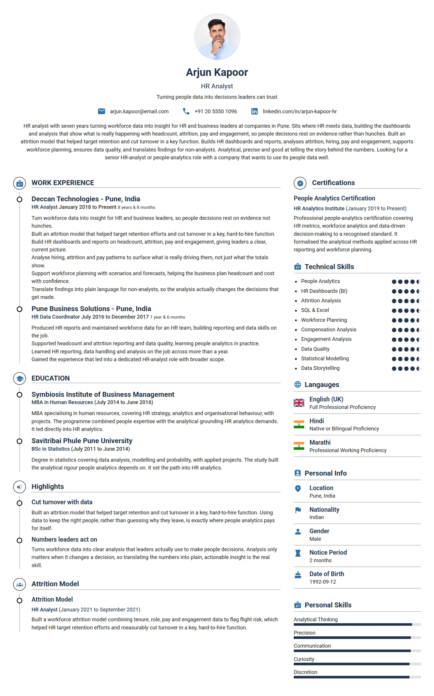 HR Analyst resume example — a professionally formatted Human Resources CV sample