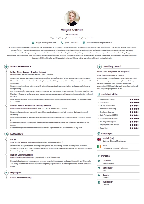 HR Assistant resume example — a professionally formatted Human Resources CV sample