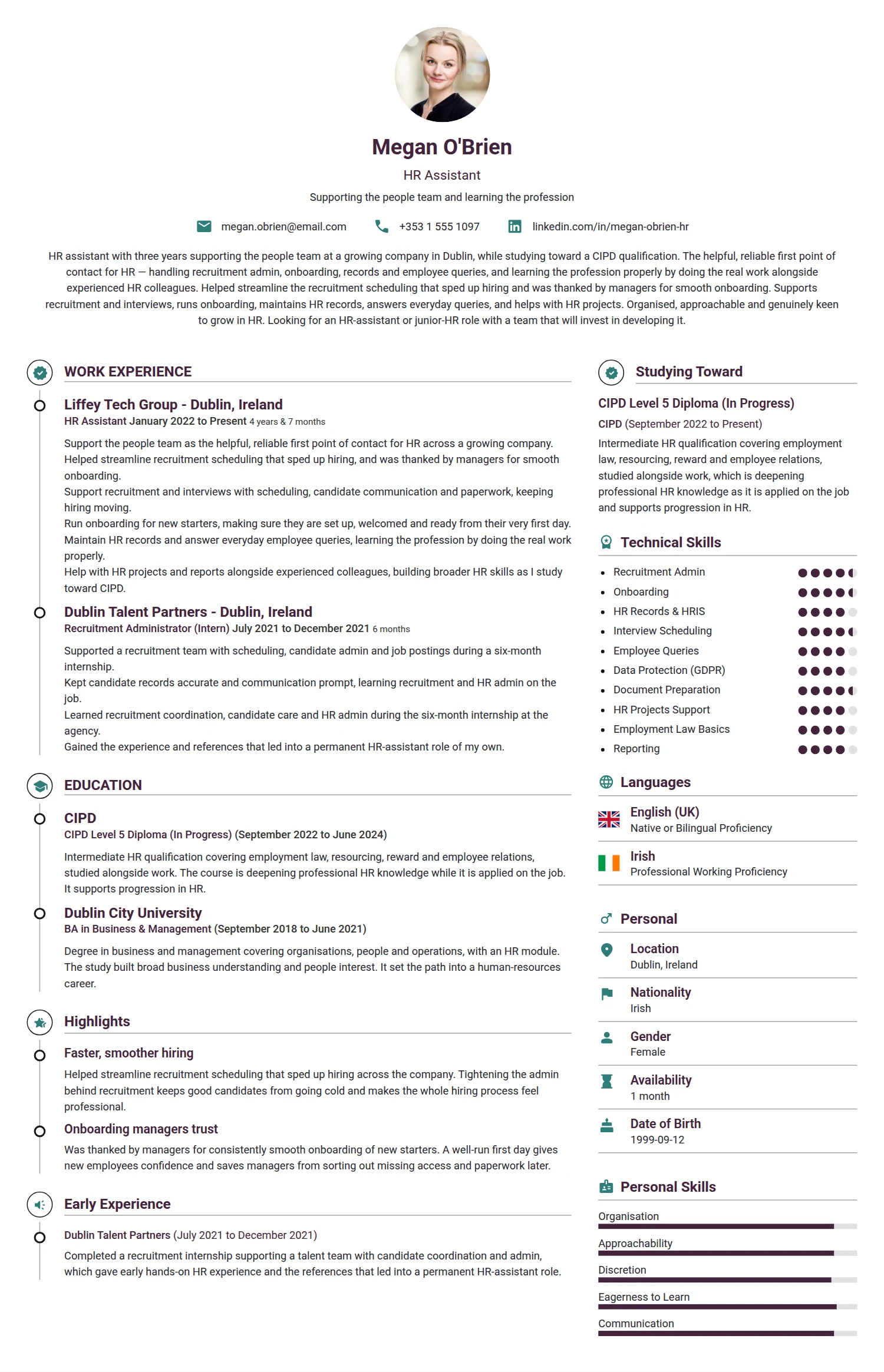 HR Assistant resume example — a professionally formatted Human Resources CV sample