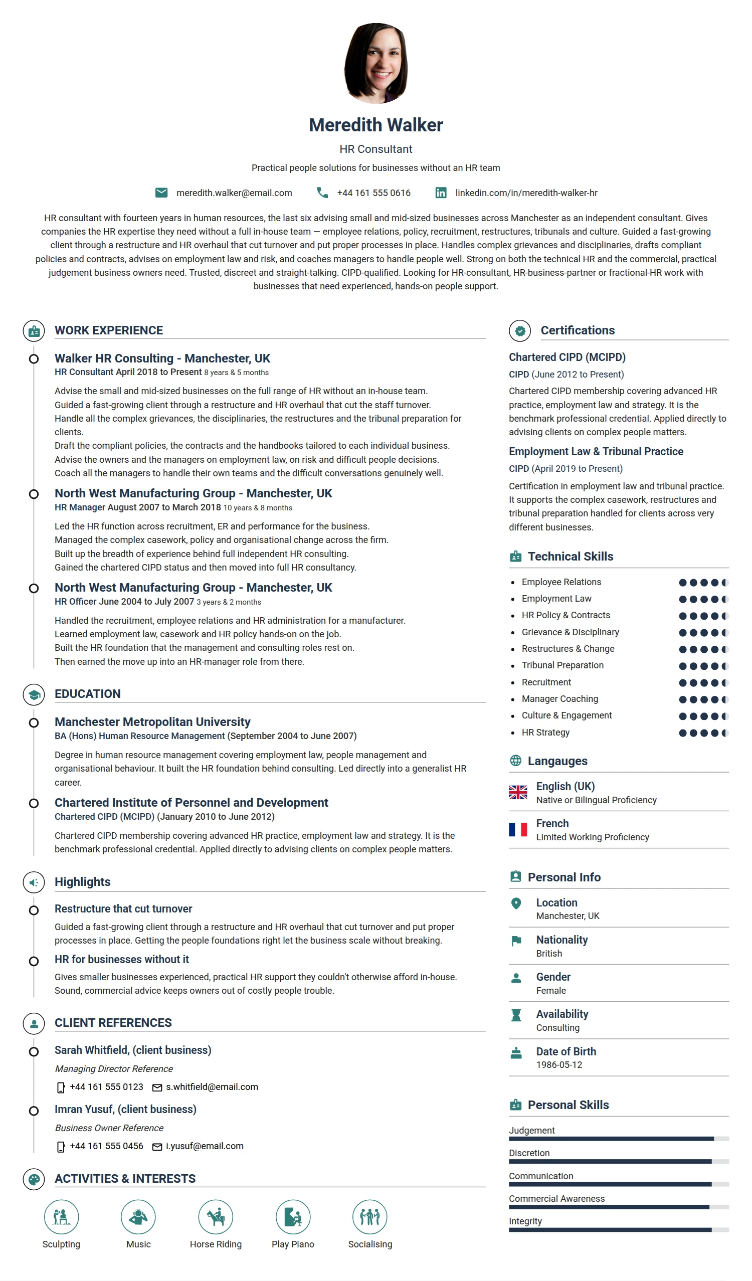 HR Consultant resume example — a professionally formatted Human Resources CV sample