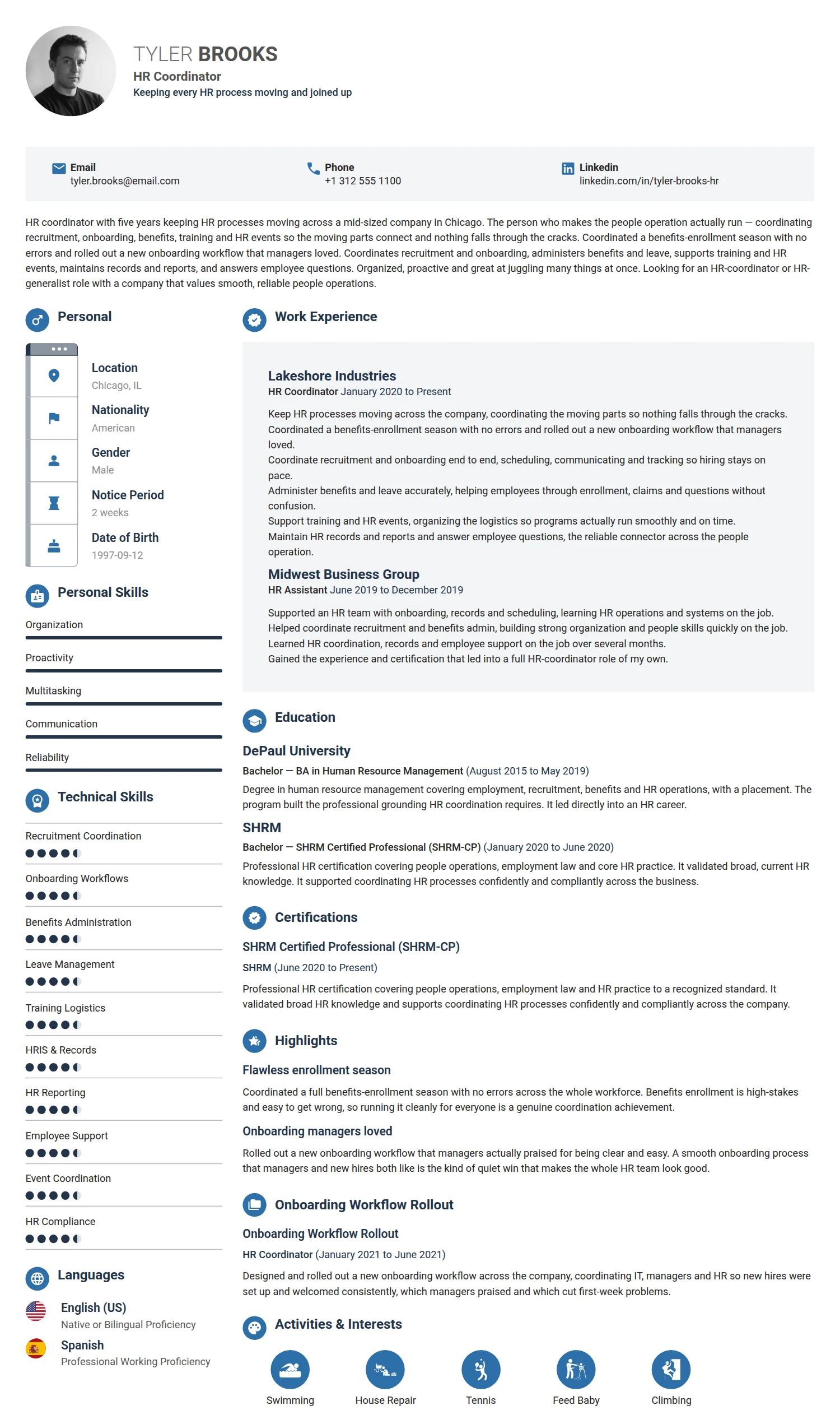 HR Coordinator resume example — a professionally formatted Human Resources CV sample