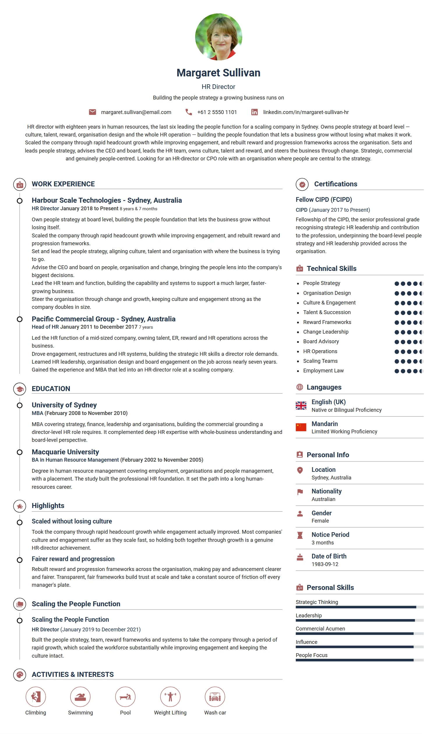 HR Director resume example — a professionally formatted Human Resources CV sample