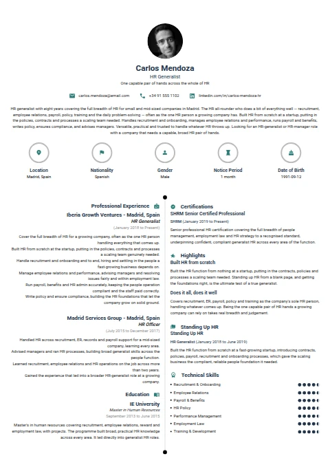 HR Generalist resume example