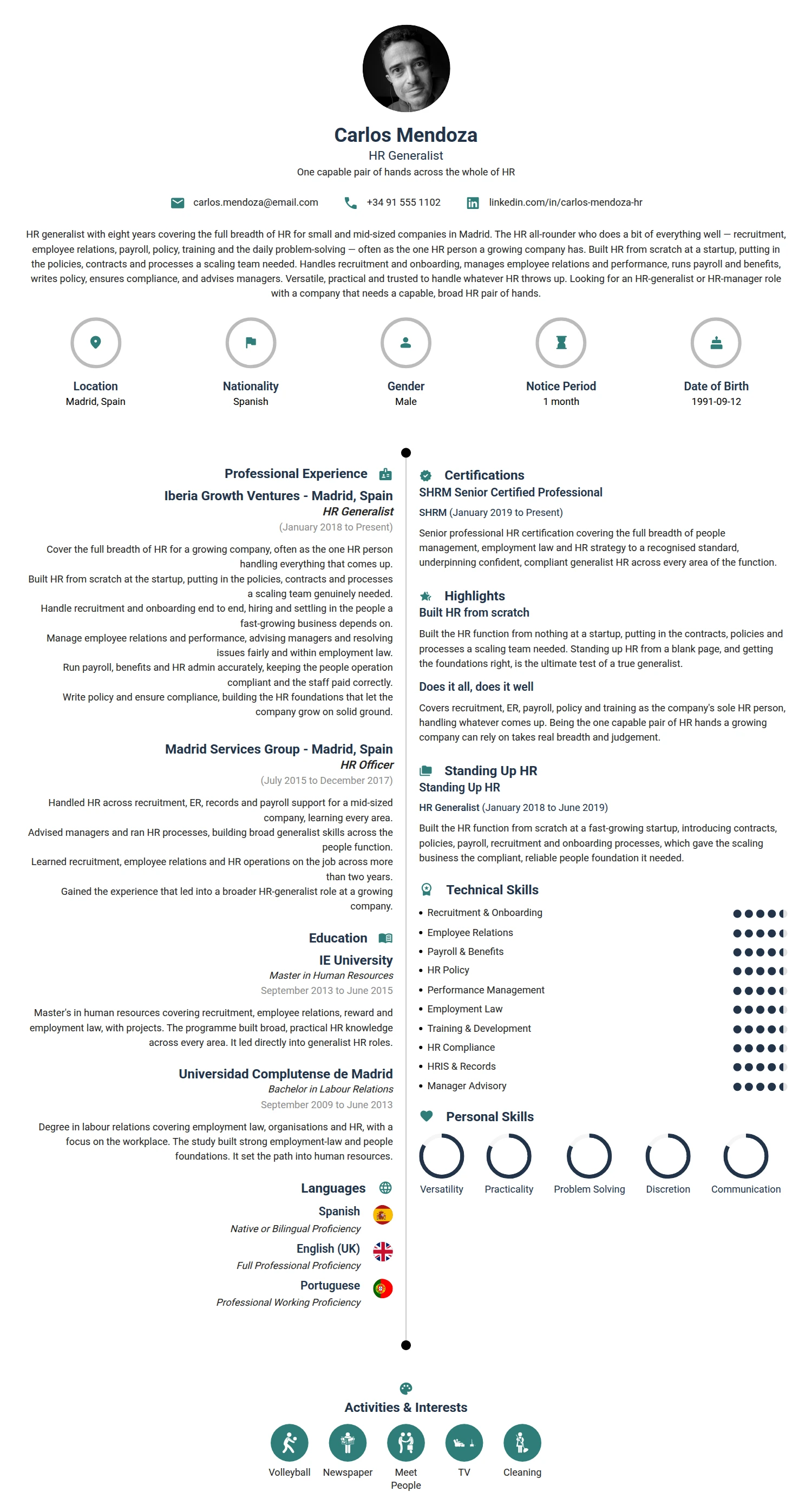 HR Generalist resume example — a professionally formatted Human Resources CV sample