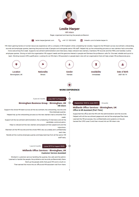 HR Intern resume example
