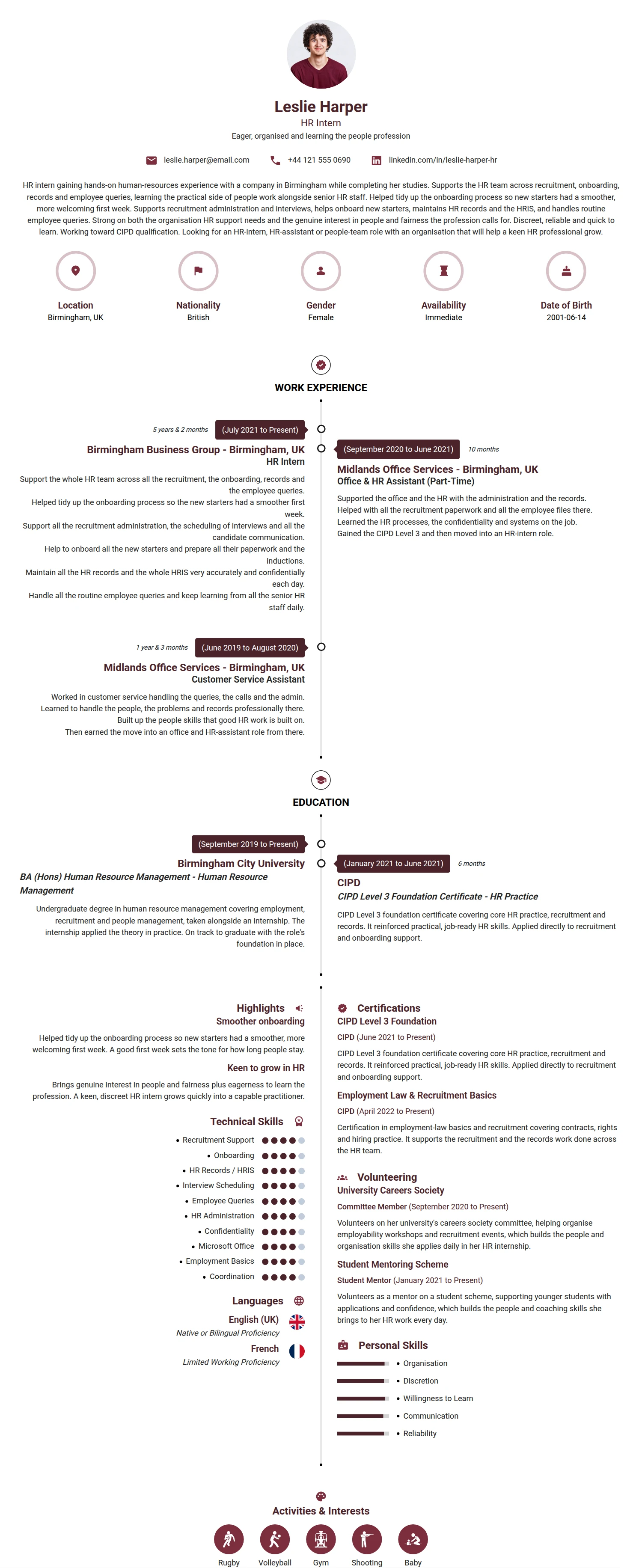 HR Intern resume example — a professionally formatted Human Resources CV sample