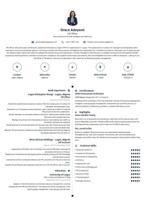 HR Officer resume example