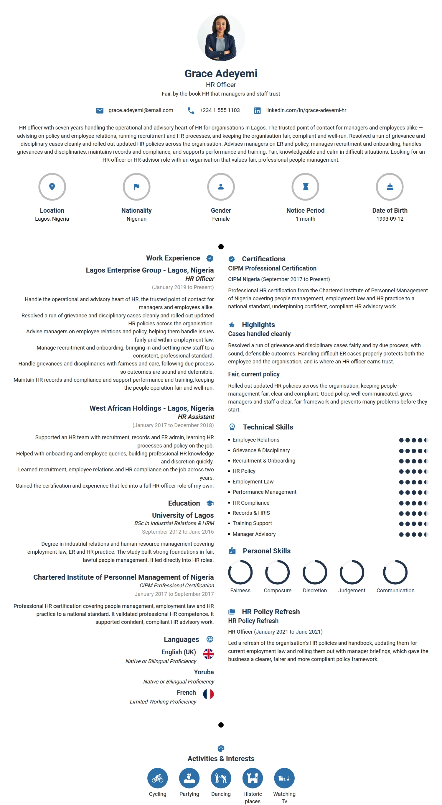 HR Officer resume example — a professionally formatted Human Resources CV sample