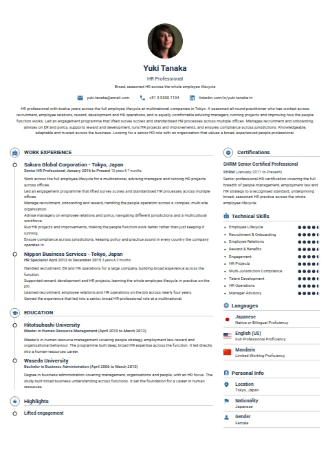 HR Professional resume example — a professionally formatted Human Resources CV sample