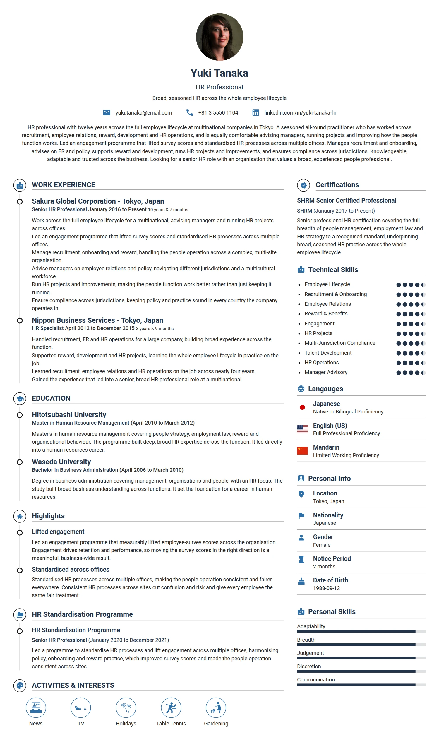 HR Professional resume example — a professionally formatted Human Resources CV sample