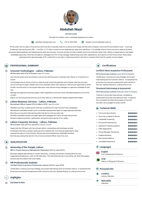 HR Recruiter resume example