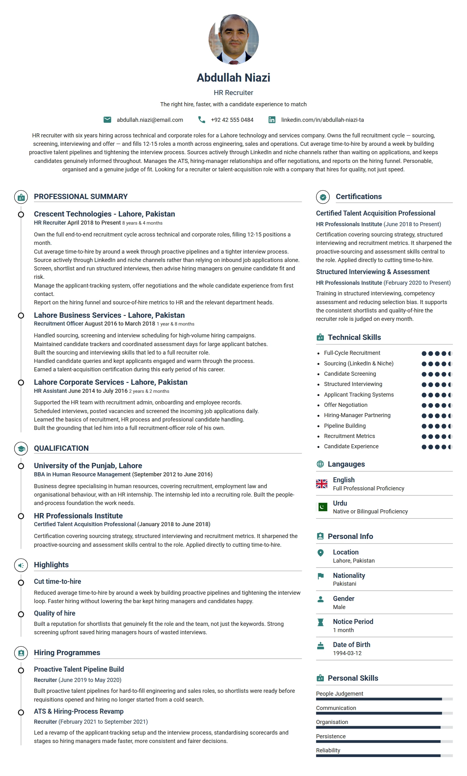 HR Recruiter resume example — a professionally formatted Human Resources CV sample