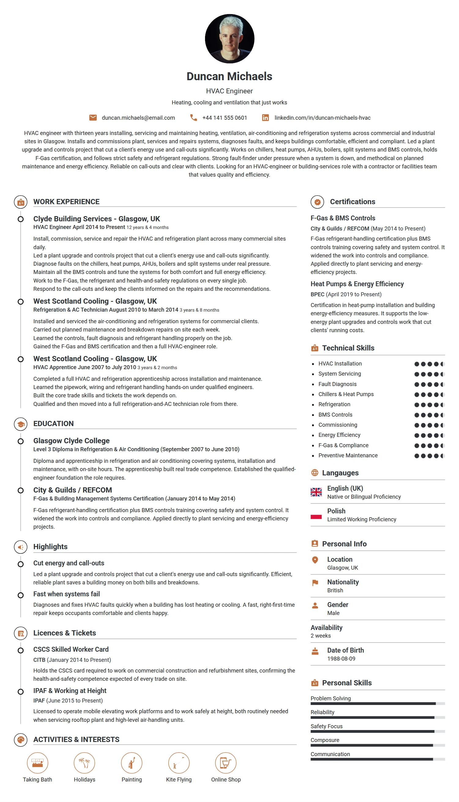 HVAC Engineer resume example — a professionally formatted Engineering CV sample