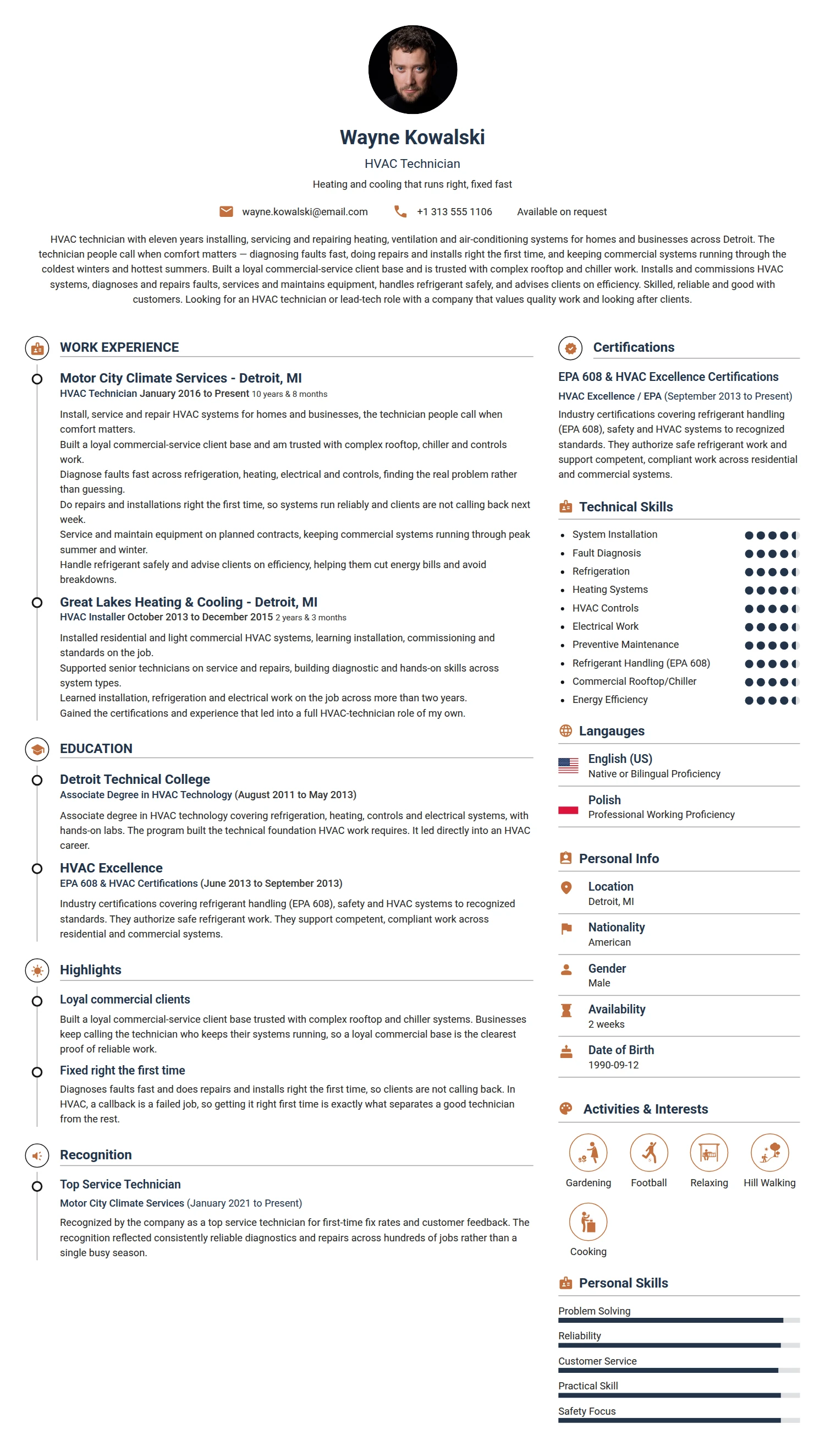 HVAC Technician resume example — a professionally formatted Maintenance/Repair CV sample