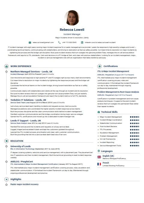 Incident Manager resume example — a professionally formatted Software Development & IT CV sample