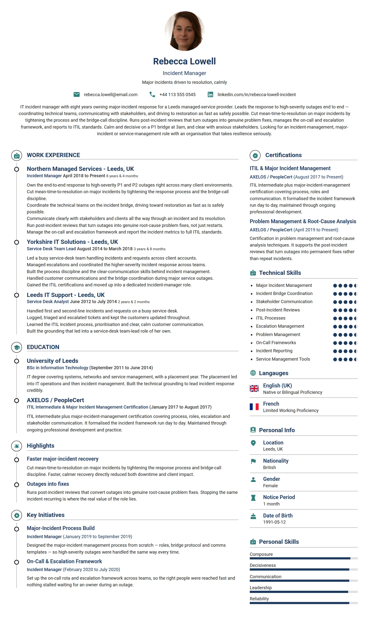 Incident Manager resume example — a professionally formatted Software Development & IT CV sample