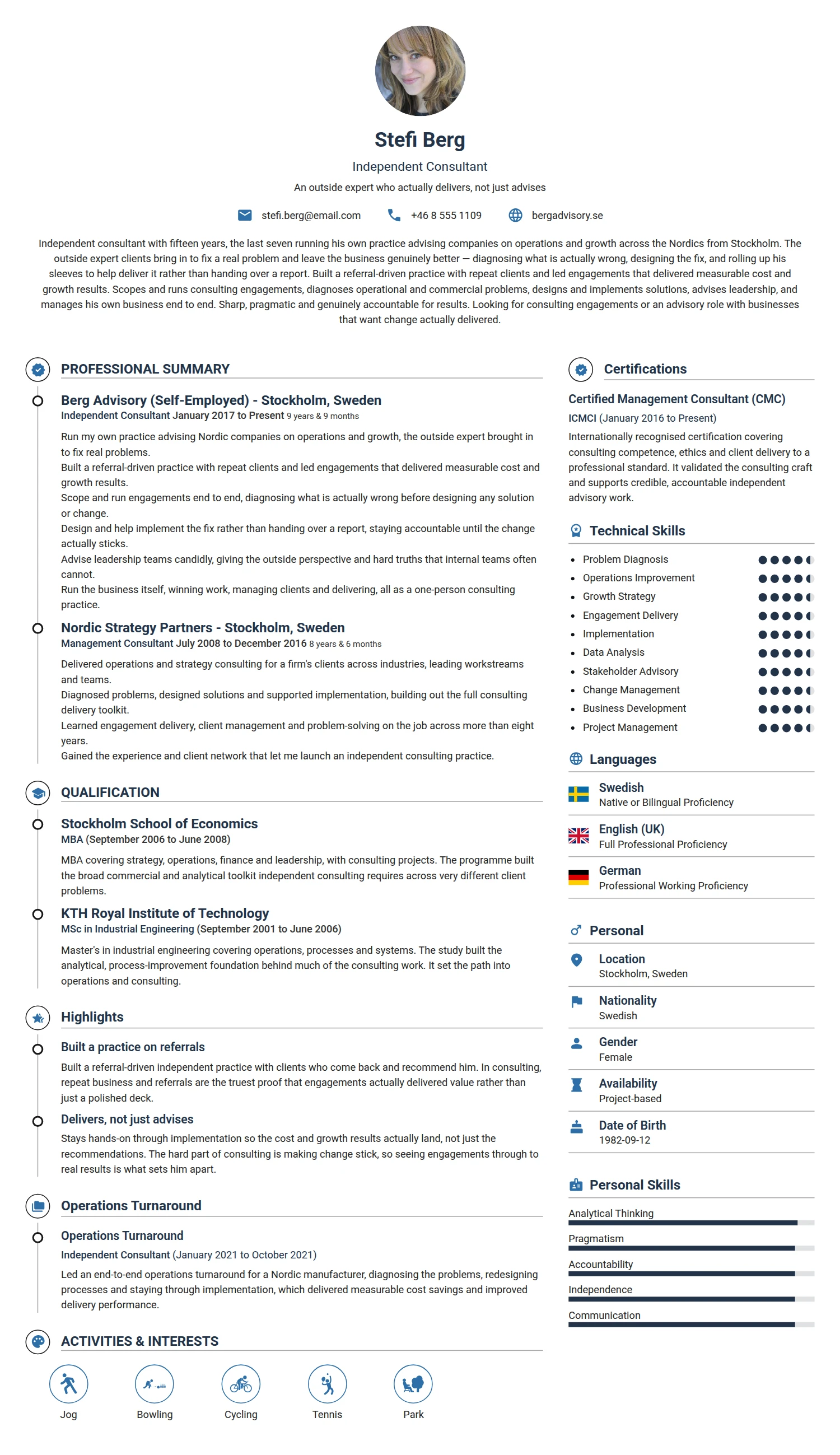 Independent Consultant resume example — a professionally formatted Business Management CV sample