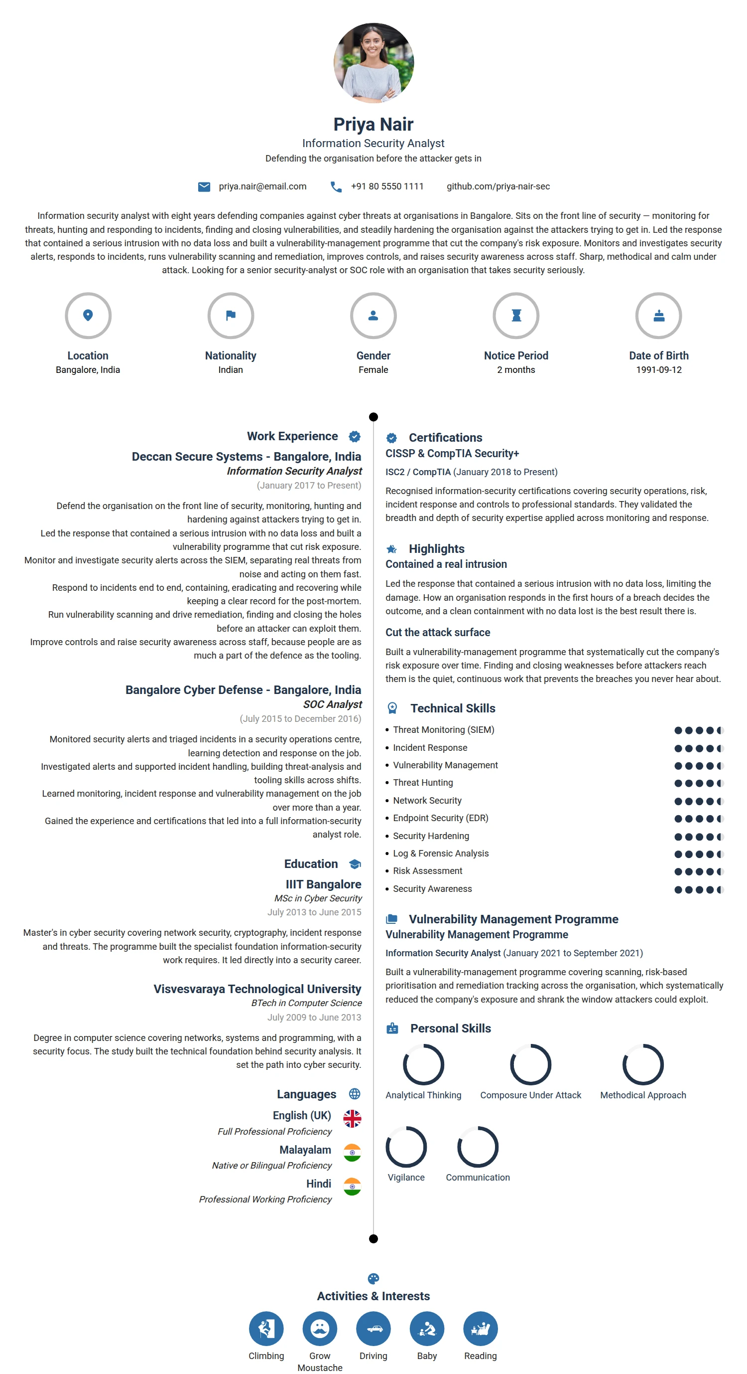 Information Security Analyst resume example — a professionally formatted Software Development & IT CV sample
