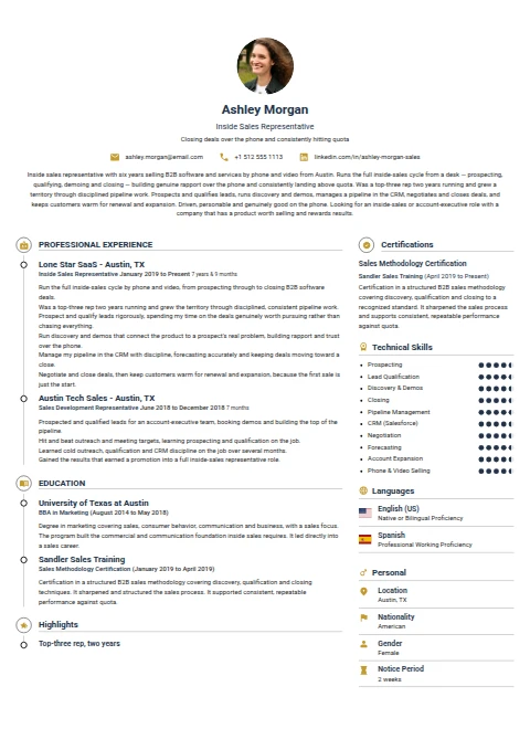 Inside Sales Representative resume example