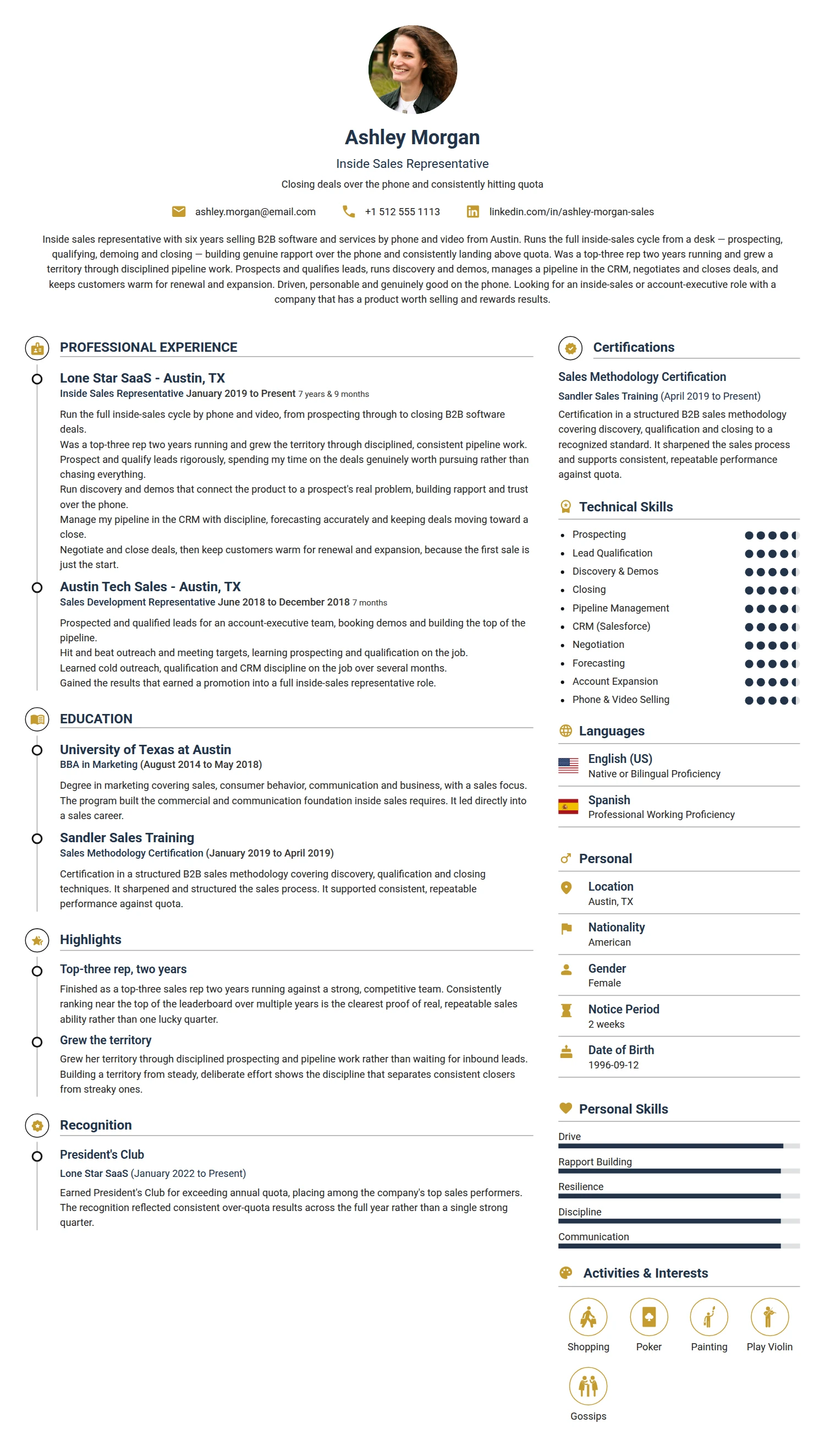 Inside Sales Representative resume example — a professionally formatted Sales CV sample