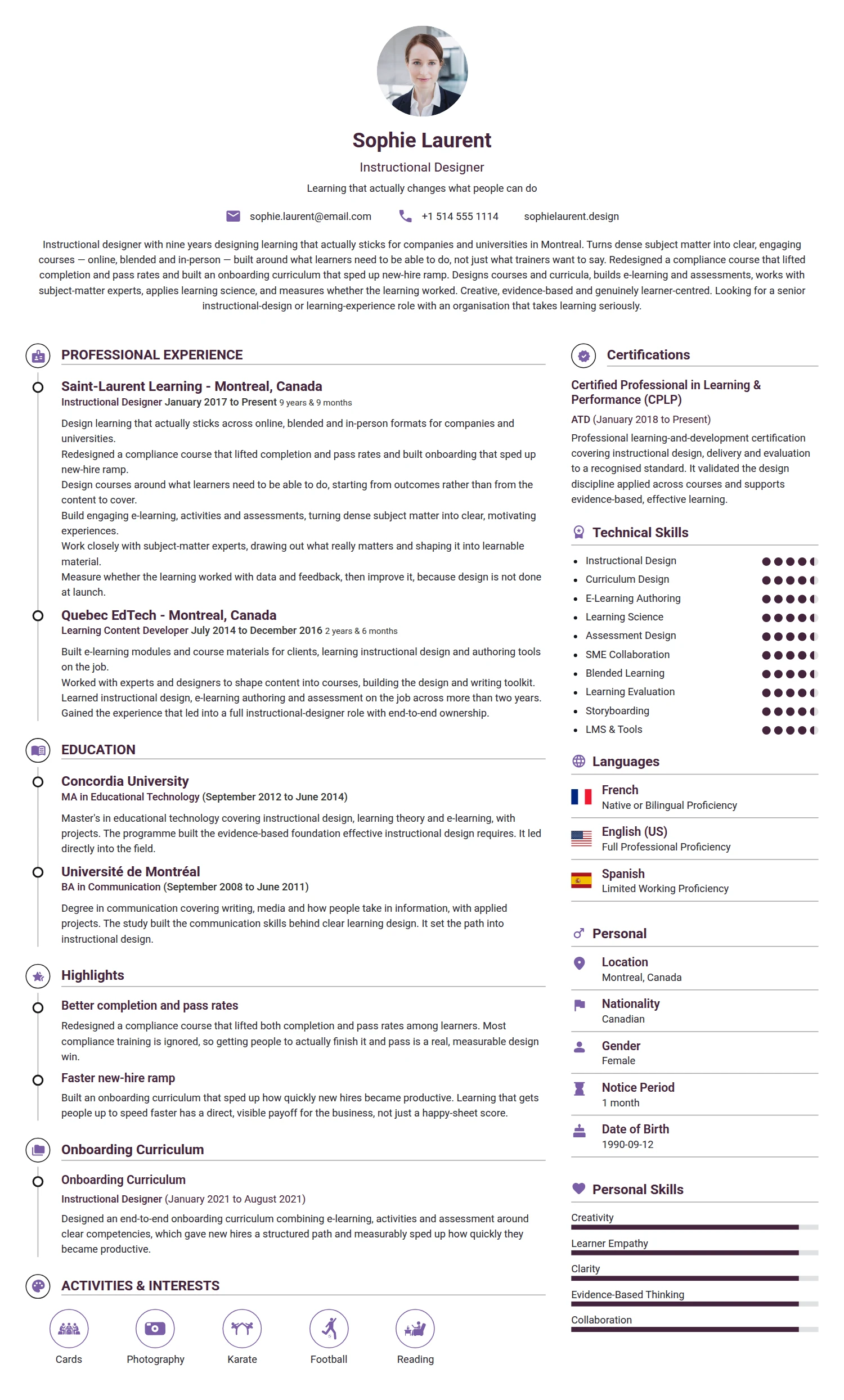 Instructional Designer resume example — a professionally formatted Art/Creative/Design CV sample