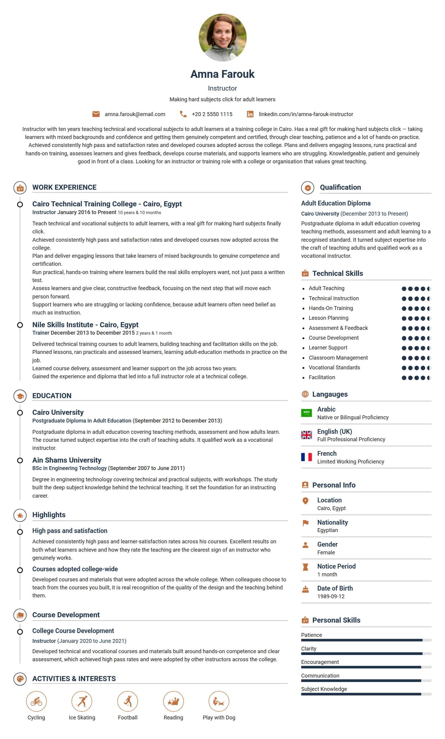 Instructor resume example — a professionally formatted Education CV sample