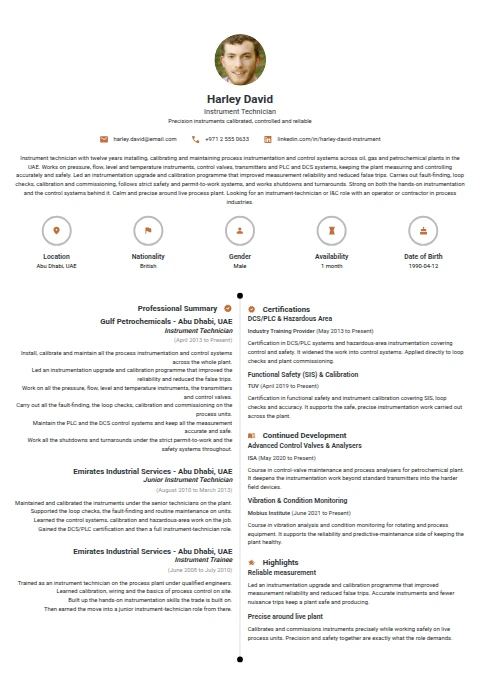 Instrument Technician resume example — a professionally formatted Engineering CV sample