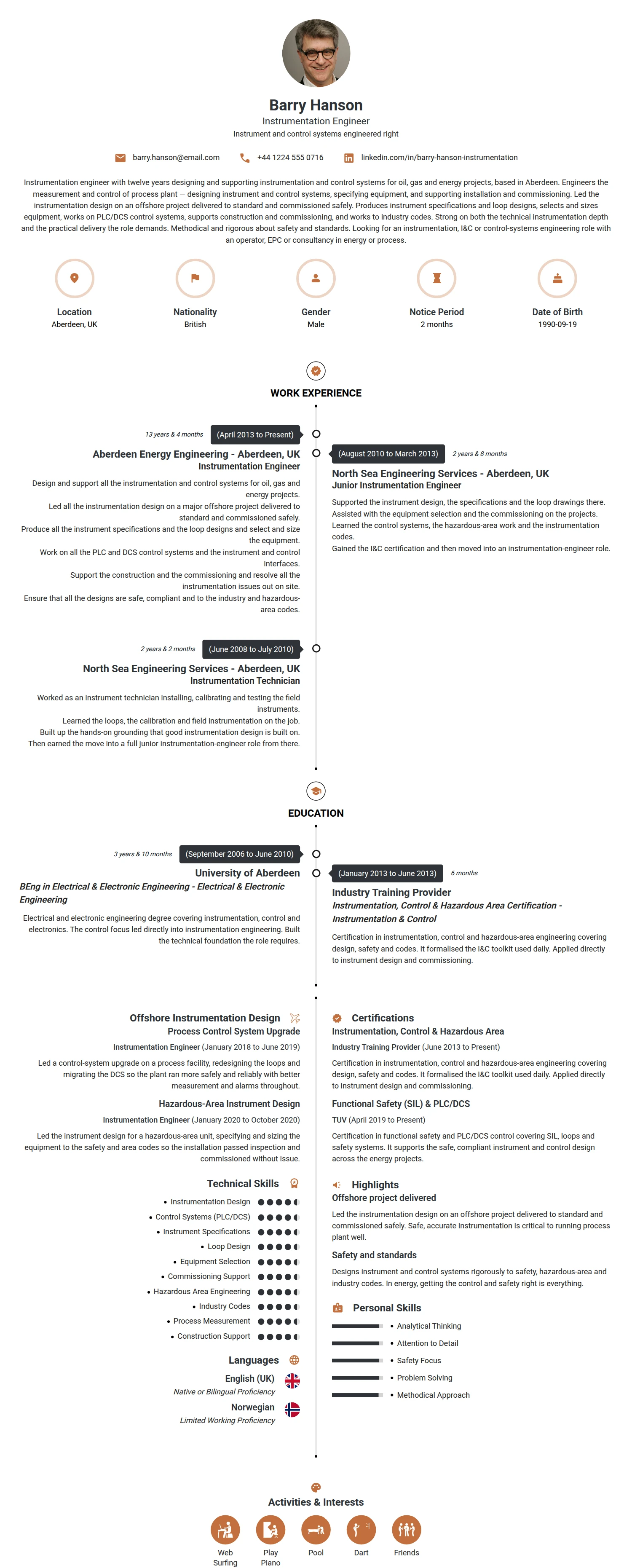 Instrumentation Engineer resume example — a professionally formatted Engineering CV sample