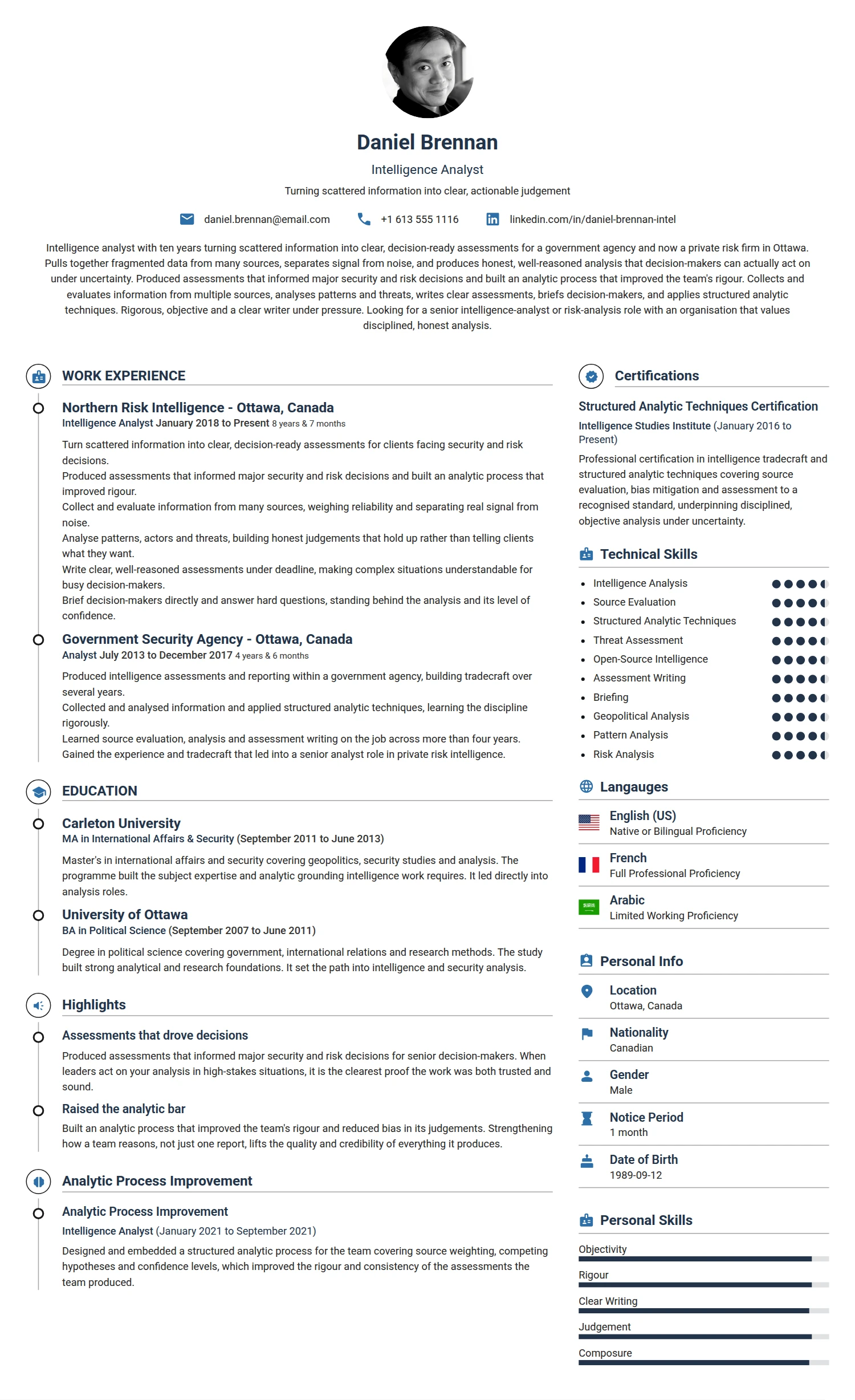 Intelligence Analyst resume example — a professionally formatted Law Enforcement/Military/Security CV sample
