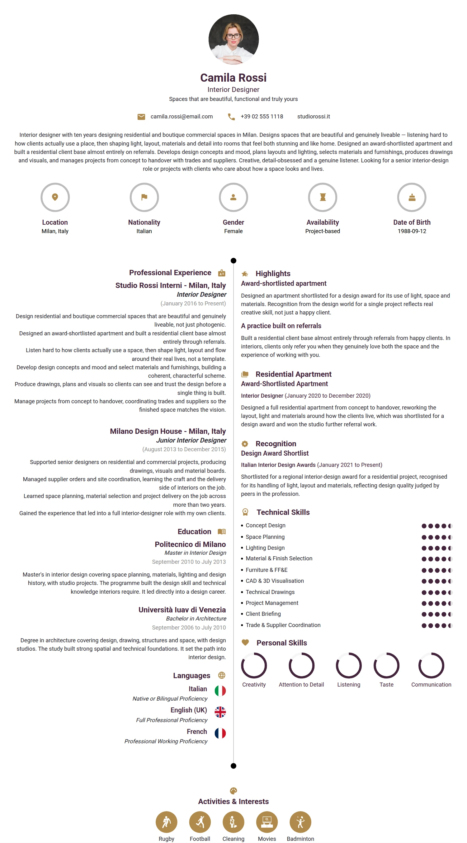 Interior Designer resume example — a professionally formatted Building/Construction CV sample