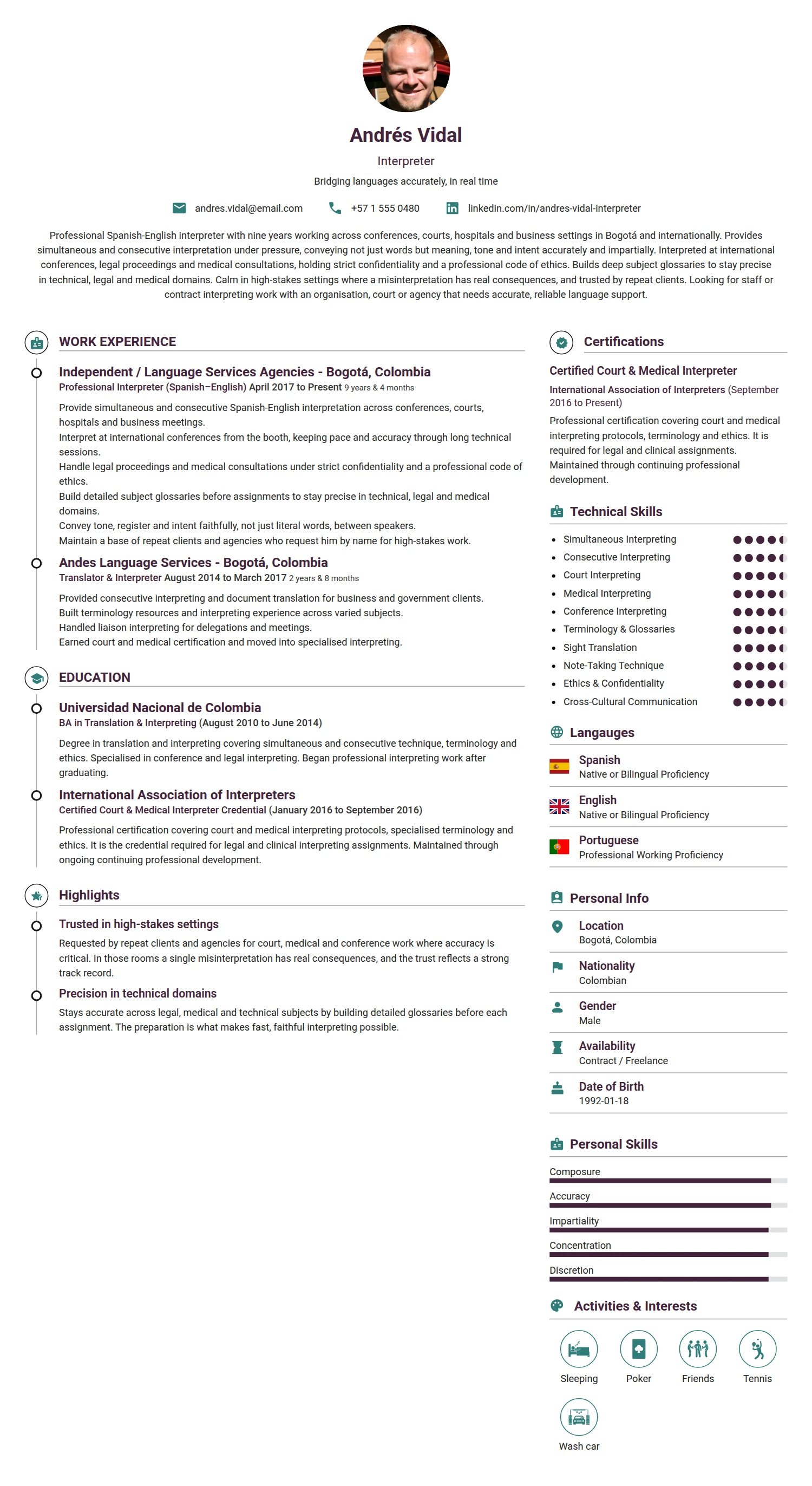 Interpreter resume example — a professionally formatted Media/Journalism CV sample